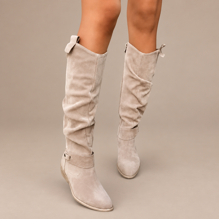 Charlotte | Suede-Look Knee-High Low Heel Boots