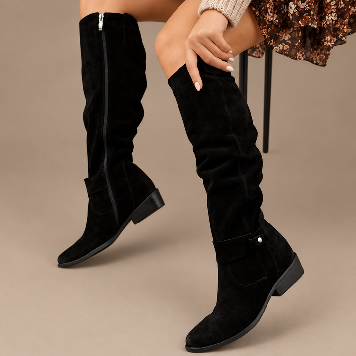 Charlotte | Suede-Look Knee-High Low Heel Boots
