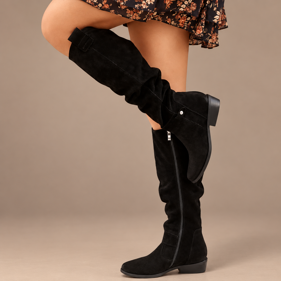 Charlotte | Suede-Look Knee-High Low Heel Boots