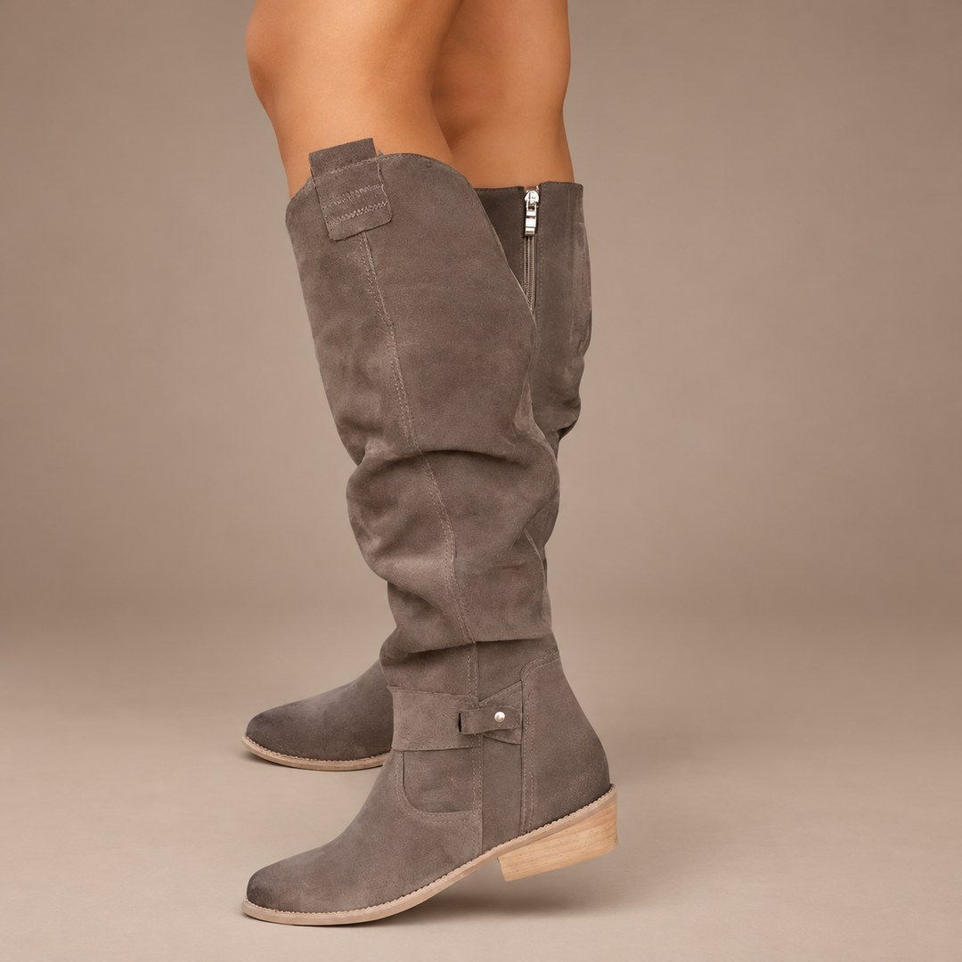 Charlotte | Suede-Look Knee-High Low Heel Boots