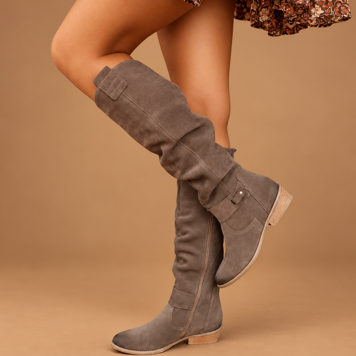 Charlotte | Suede-Look Knee-High Low Heel Boots