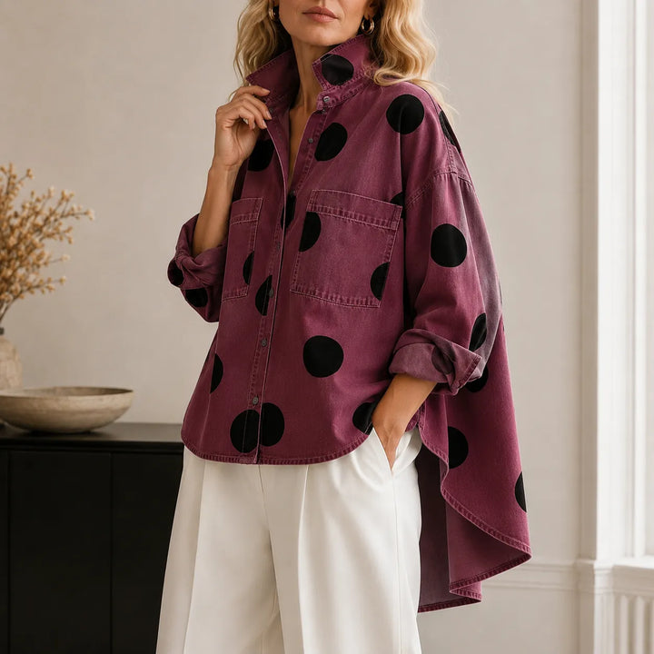 Marevelle – Oversized Polka Dot Denim Shirt with Stand Collar