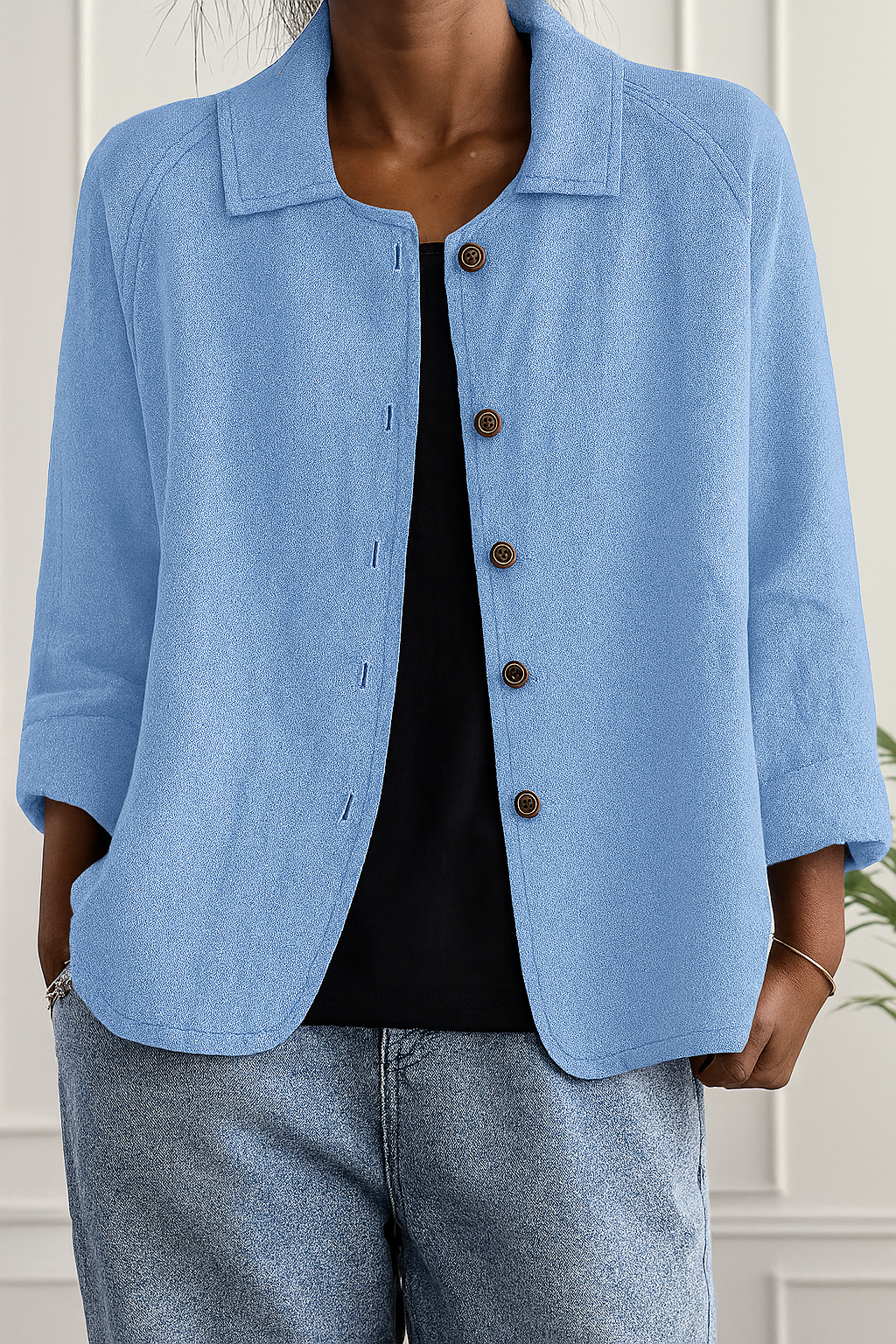 Laura | Loose Sky Blue Open Shirt with Curved Hem
