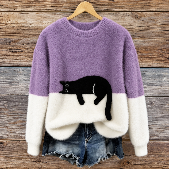 Aileen -  Elegant Cat Print Oversized Sweater