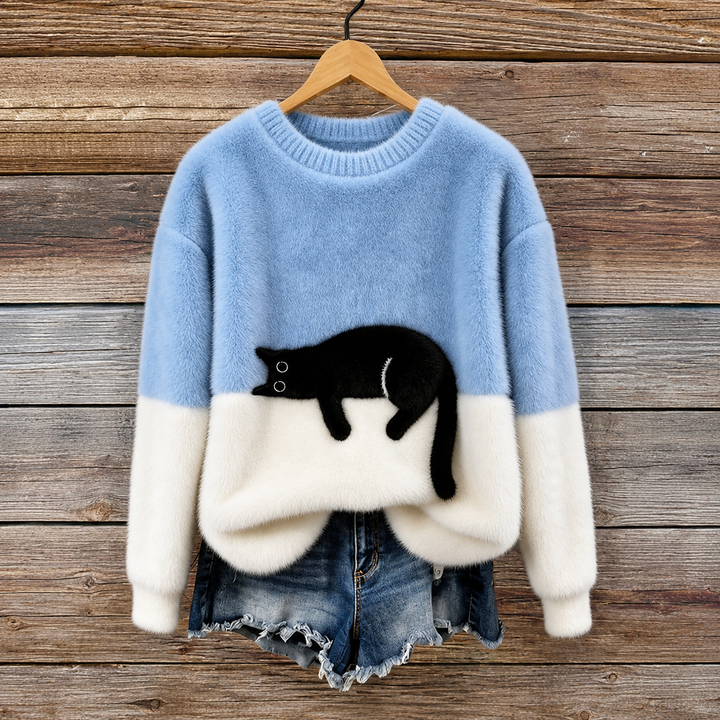 Aileen -  Elegant Cat Print Oversized Sweater