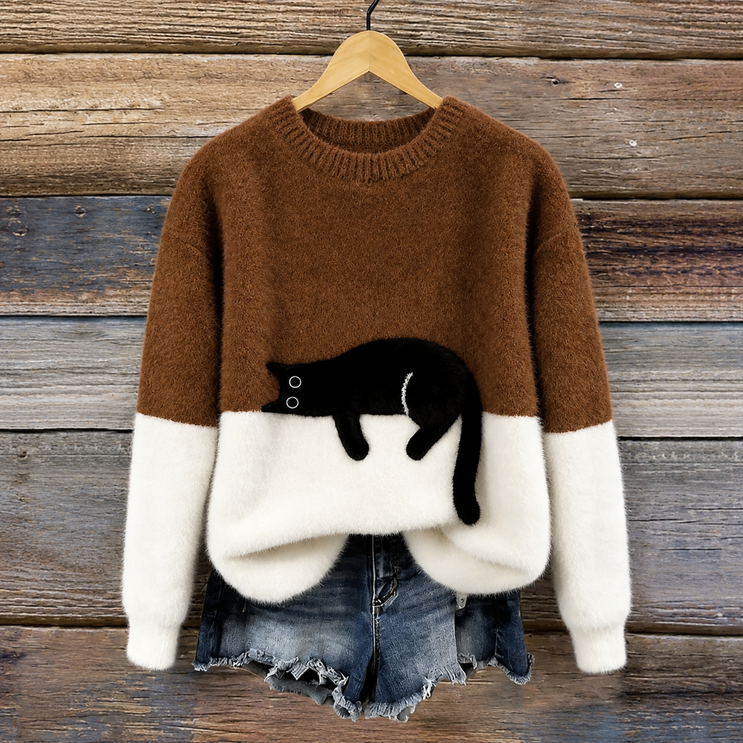 Aileen -  Elegant Cat Print Oversized Sweater
