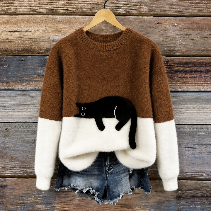 Aileen -  Elegant Cat Print Oversized Sweater