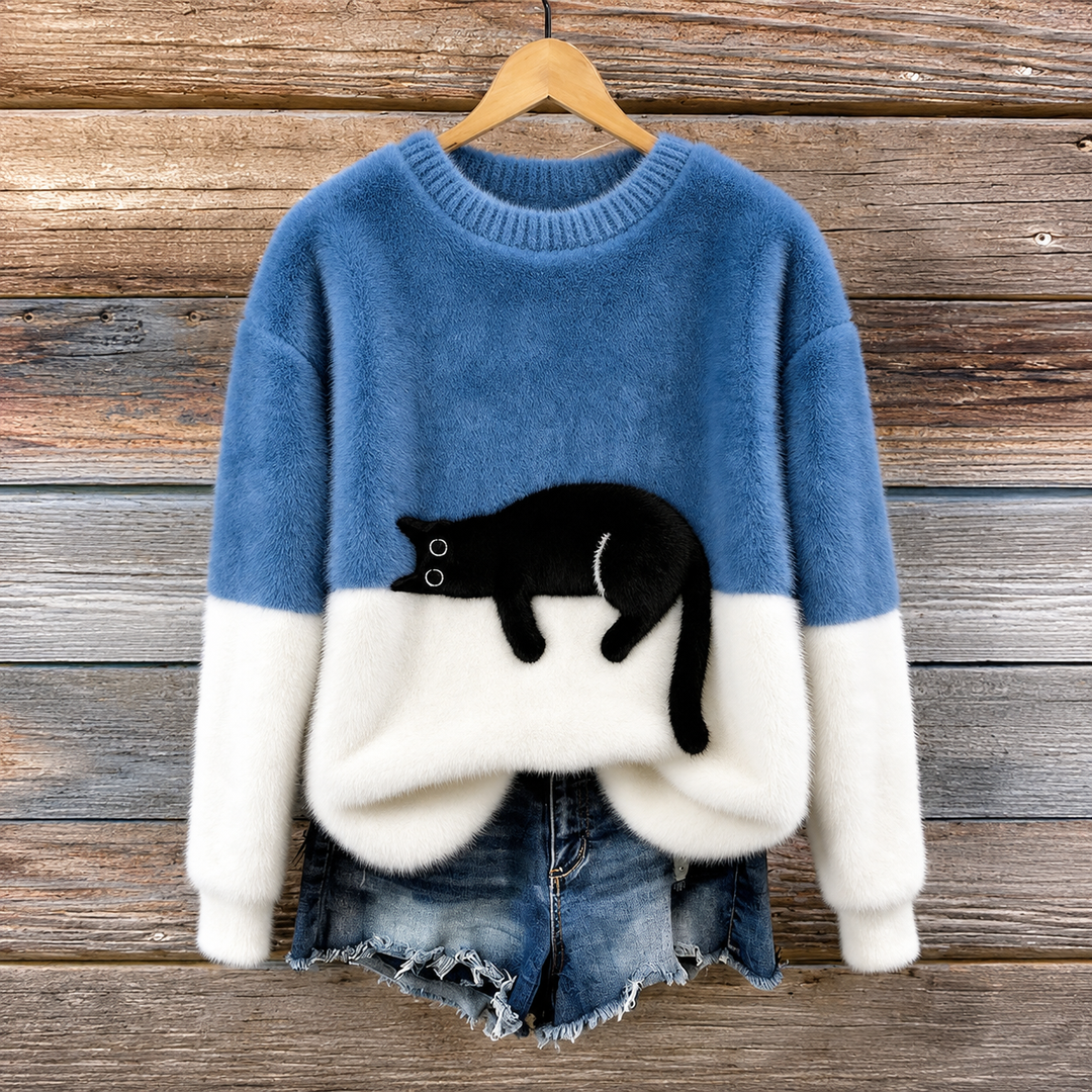 Aileen -  Elegant Cat Print Oversized Sweater