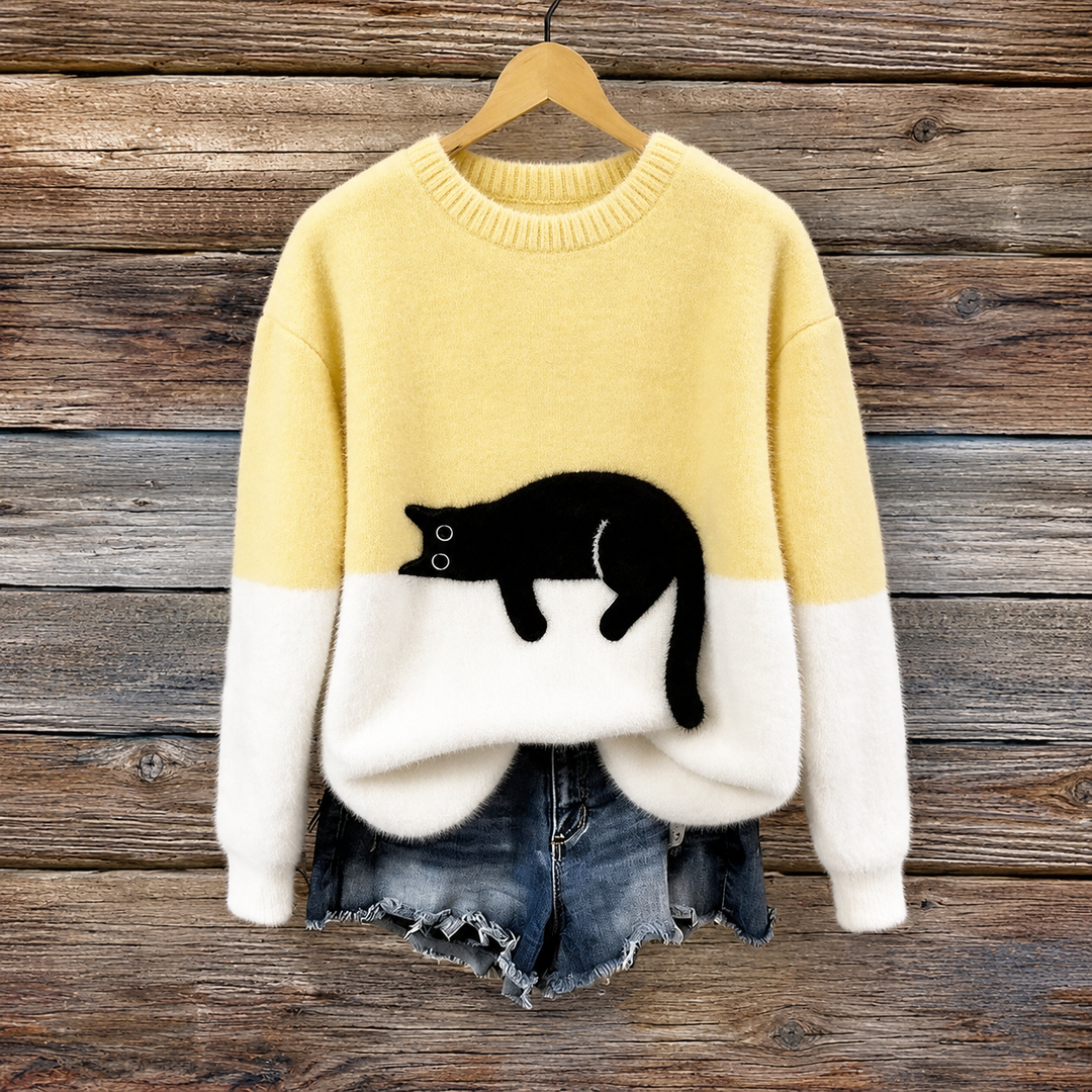 Aileen -  Elegant Cat Print Oversized Sweater