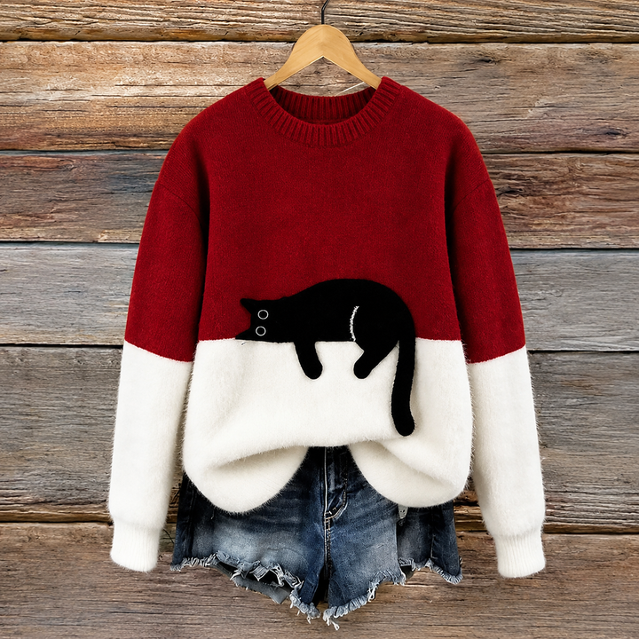 Aileen -  Elegant Cat Print Oversized Sweater