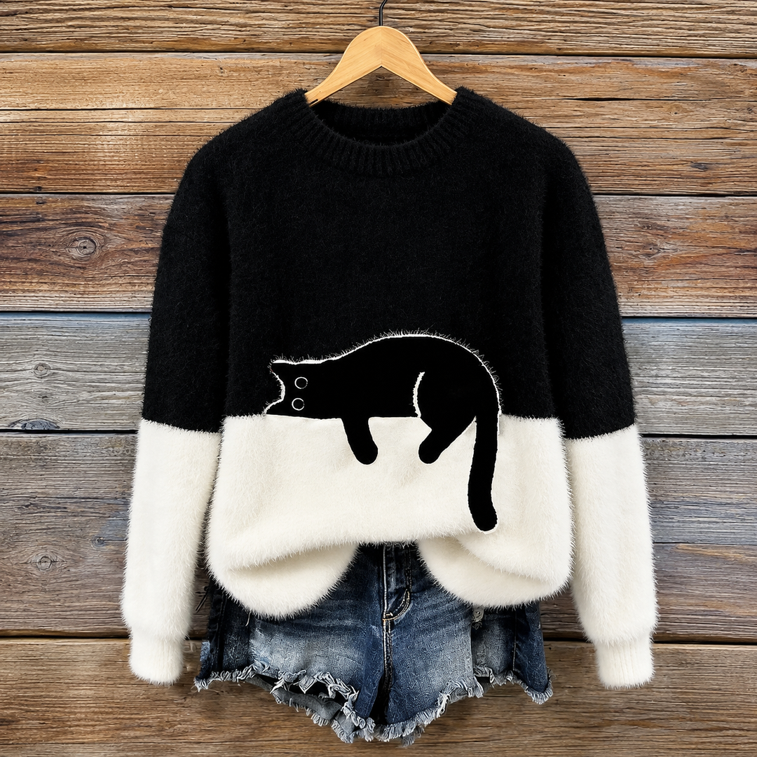 Aileen -  Elegant Cat Print Oversized Sweater