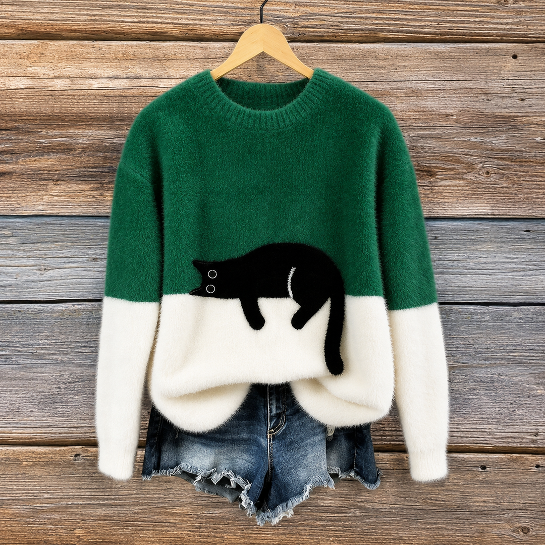 Aileen -  Elegant Cat Print Oversized Sweater