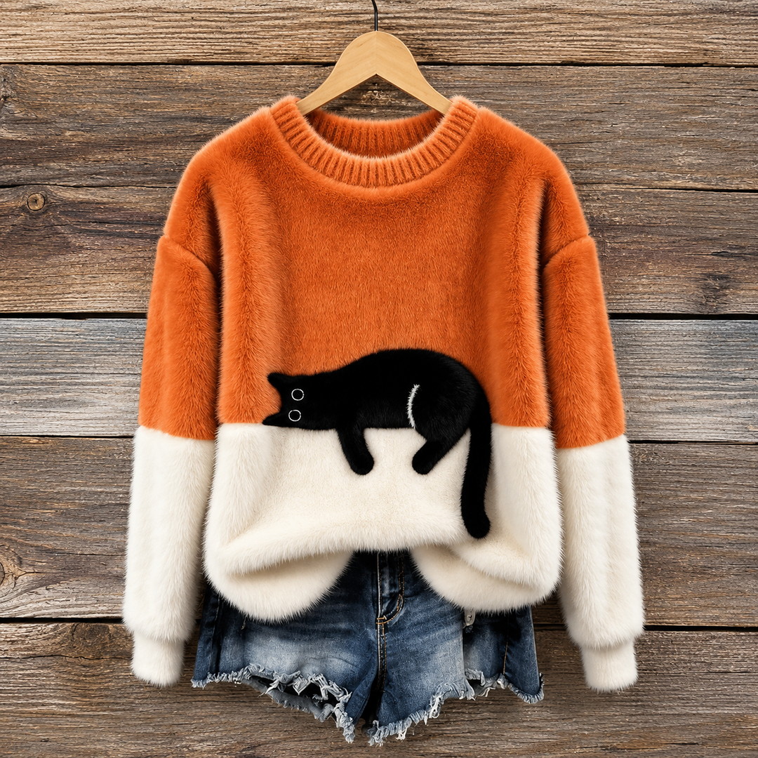 Aileen -  Elegant Cat Print Oversized Sweater