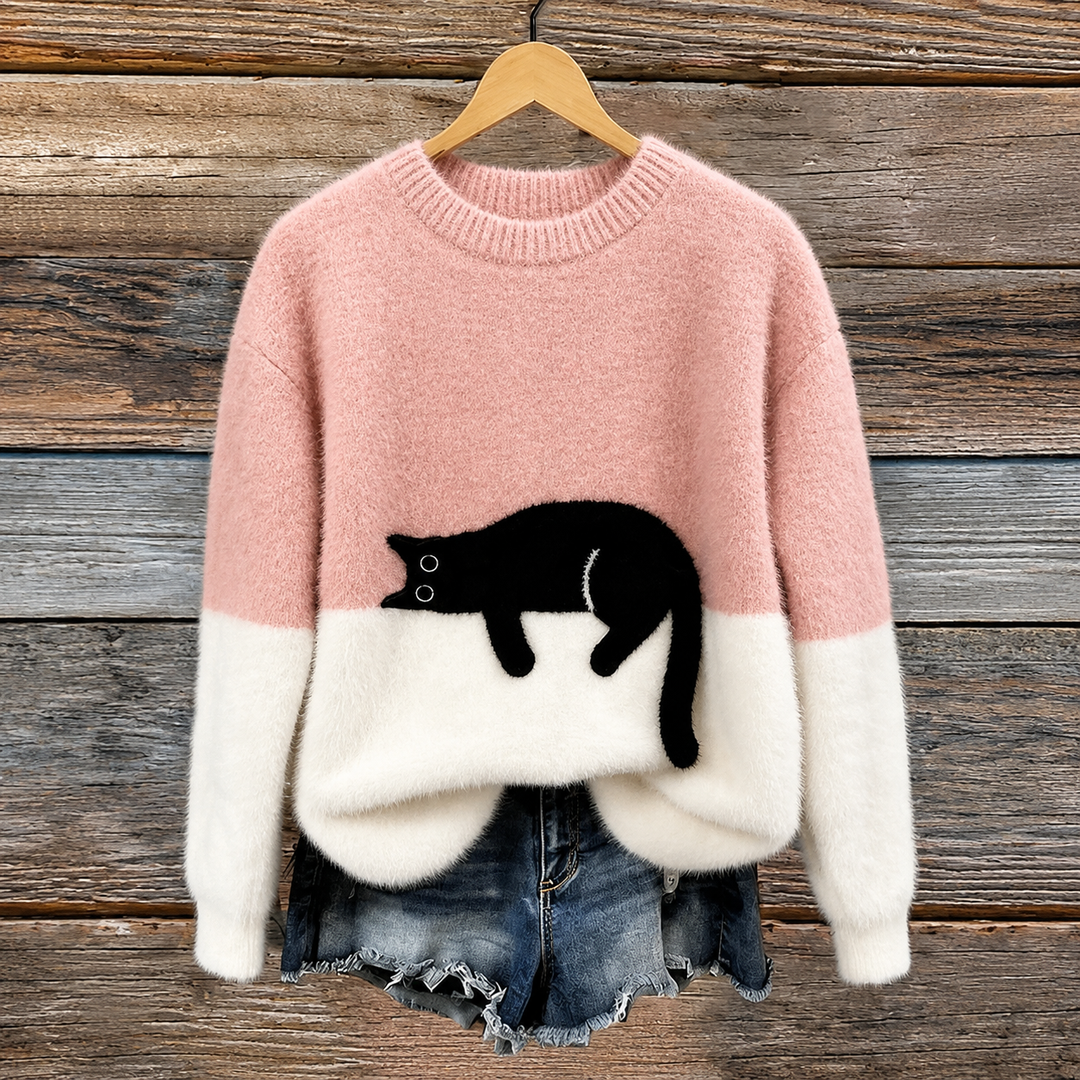 Aileen -  Elegant Cat Print Oversized Sweater