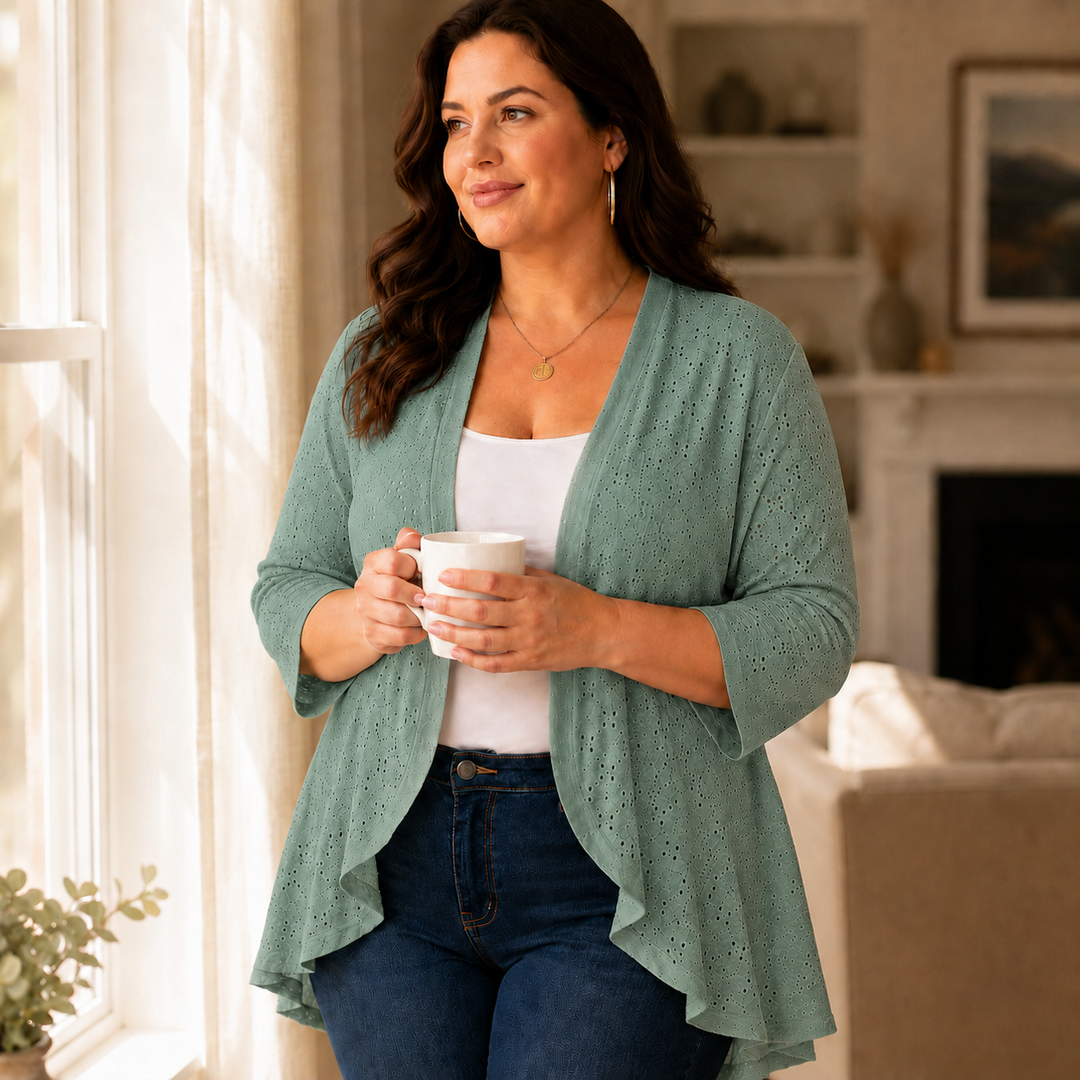 Veluna – Lightweight Eyelet Open-Front Cardigan for Women, 3/4 Sleeve Ruffle Hem Summer Layer