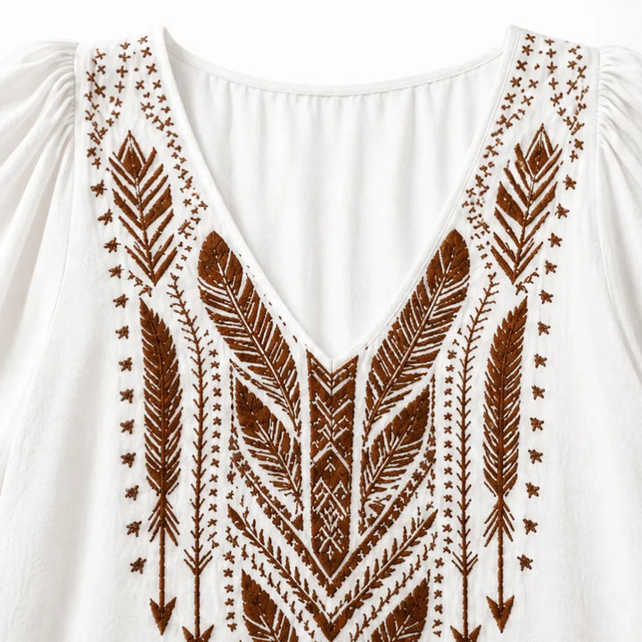 Soluna – Embroidered Boho Blouse, V-Neck, Balloon Sleeve