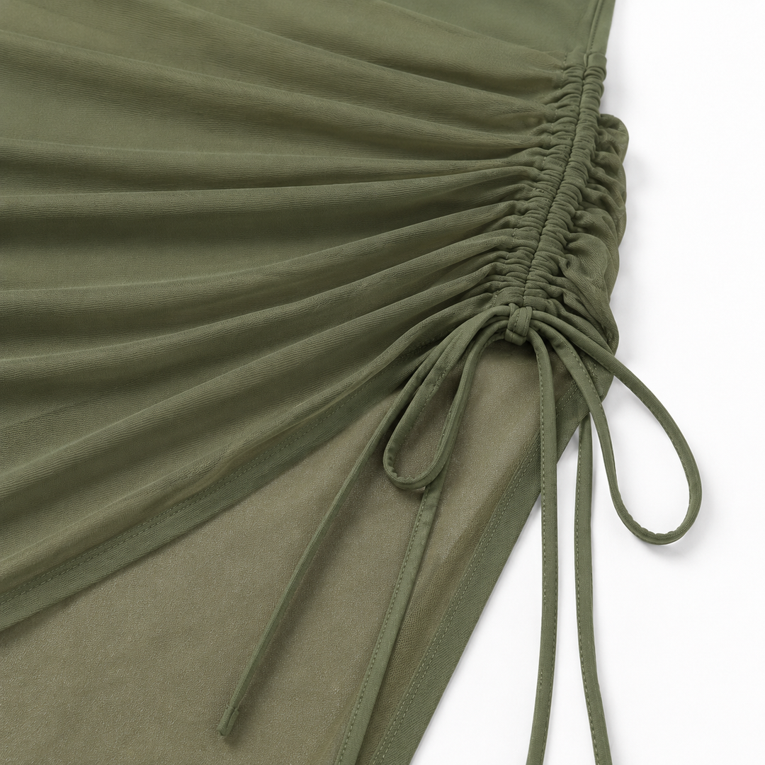 Solivia™ – High Waist 3-Piece Swim Set with Mesh V-Top, Ruched Skirt &amp; Sheer Overlay