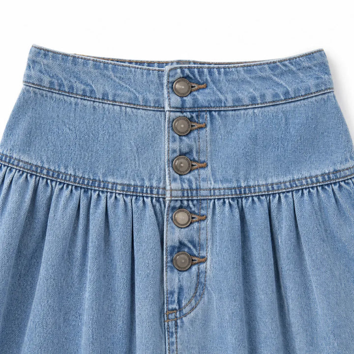 Romella – High Waisted Tiered A-Line Denim Maxi Skirt for Women