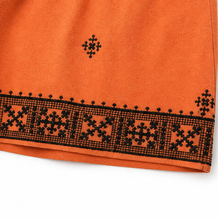 Solara – Embroidered Border Boho Two-Piece Set, Sleeveless Top &amp; High-Waisted Shorts
