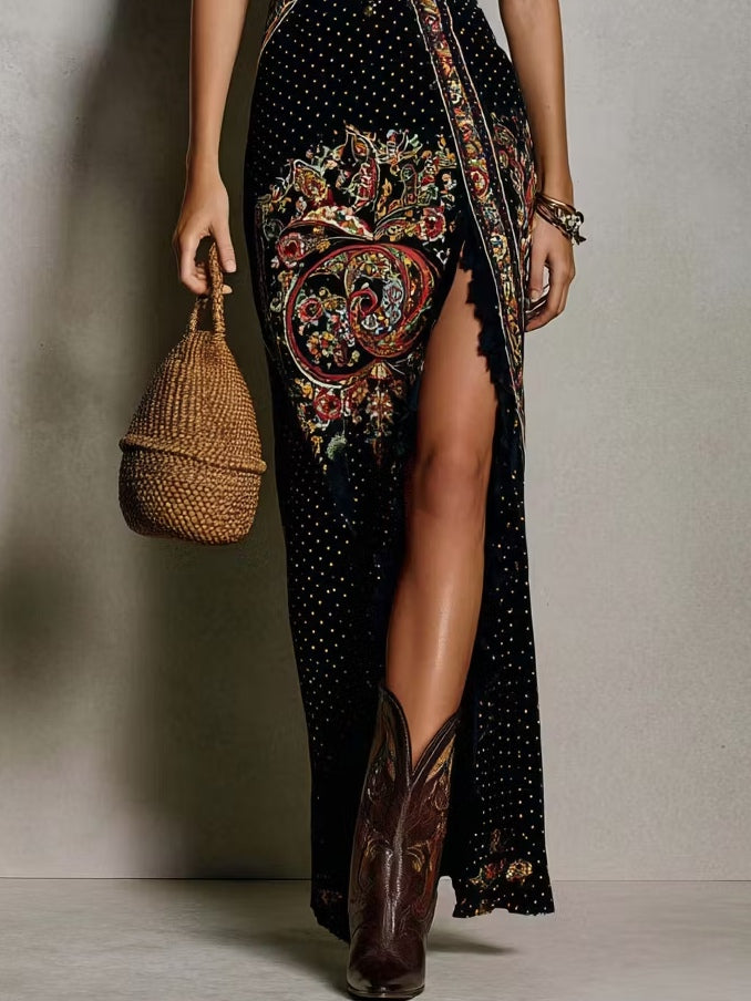 Julie - Bohemian-Style Printed Dress with Deep V-Neck and High Slit