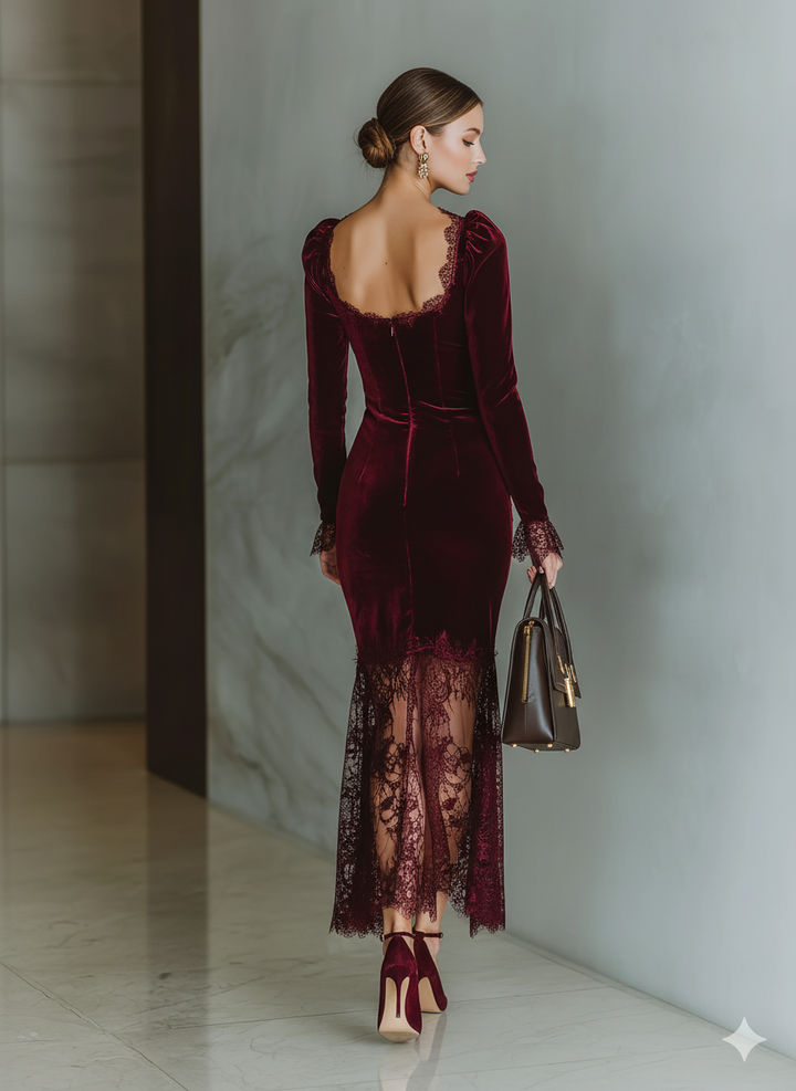 Cosette | Velvet Lace Fitted Maxi Dress