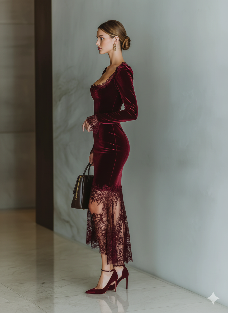 Cosette | Velvet Lace Fitted Maxi Dress