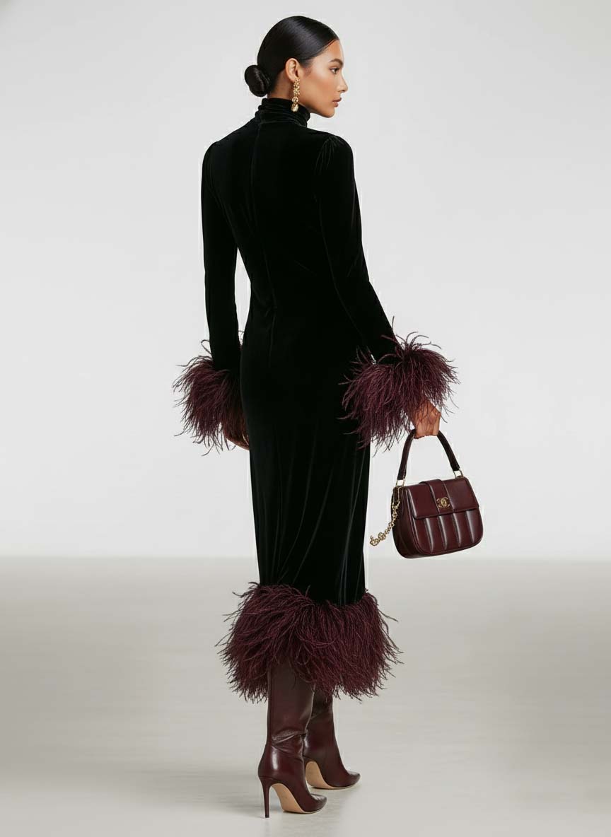 Odile | Velvet Maxi Dress with Feather Trim