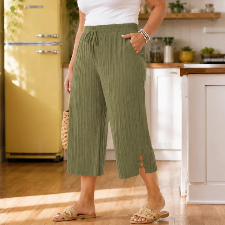 Velora – Ribbed Wide-Leg Capri Pants with Drawstring Waist &amp; Side Slit, Plus Size 1XL–5XL