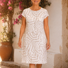 Ingrid™ – Linen Look Midi Shift Dress with Abstract Print, Cap Sleeve