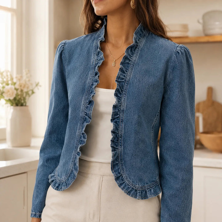 Florelle – Open Front Ruffle Trim Denim-look Jacket for Women