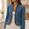 Florelle – Open Front Ruffle Trim Denim-look Jacket for Women