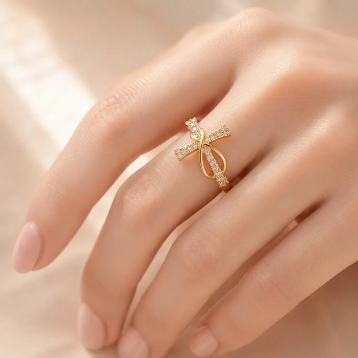 Graceloop – Mobius Cross Ring with Pavé Stones, Gold or Silver