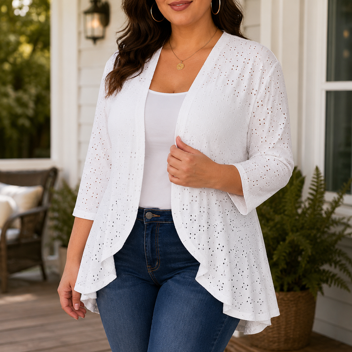 Veluna – Lightweight Eyelet Open-Front Cardigan for Women, 3/4 Sleeve Ruffle Hem Summer Layer