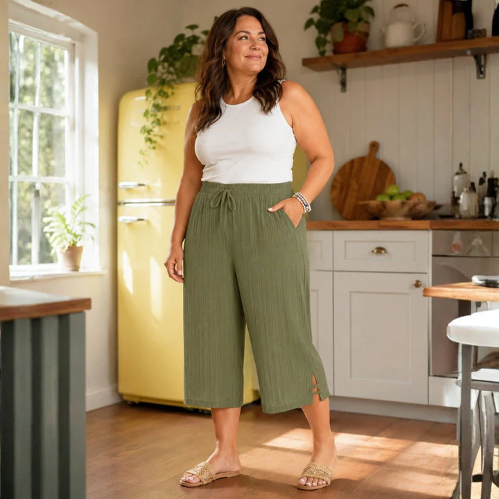Velora – Ribbed Wide-Leg Capri Pants with Drawstring Waist &amp; Side Slit, Plus Size 1XL–5XL