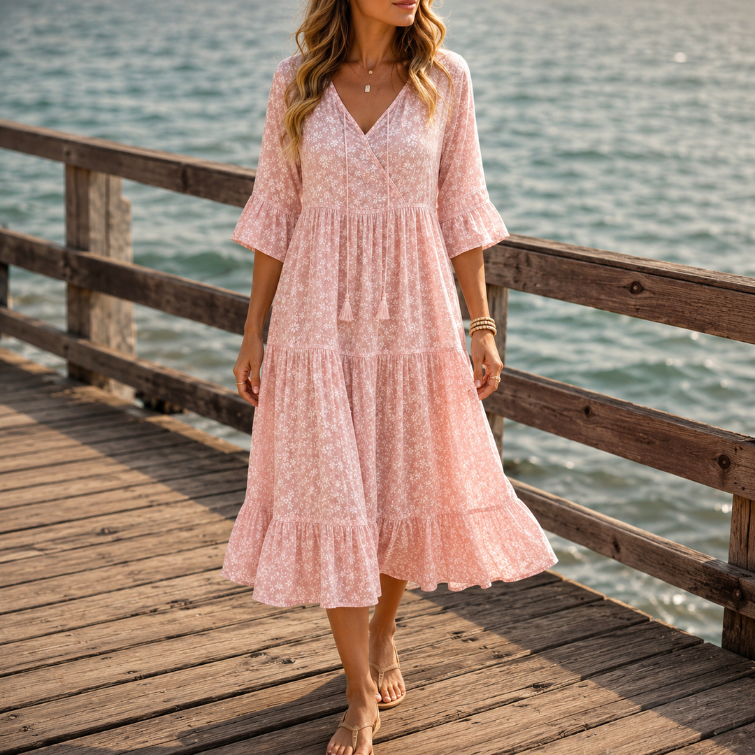 Marivelle – Floral Tiered Midi Dress with V-Neck Tie