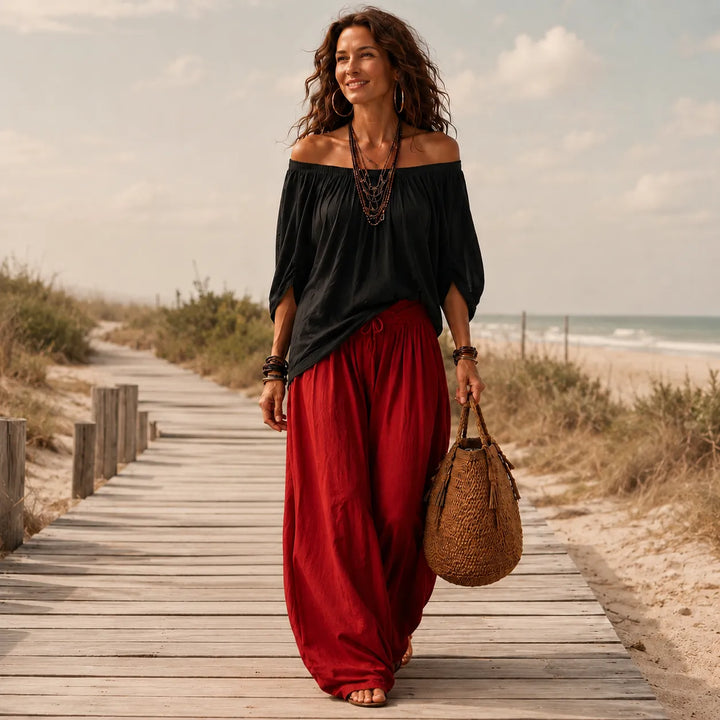 Solenza – Off-Shoulder Boho Top and Lantern Pants Set for Women