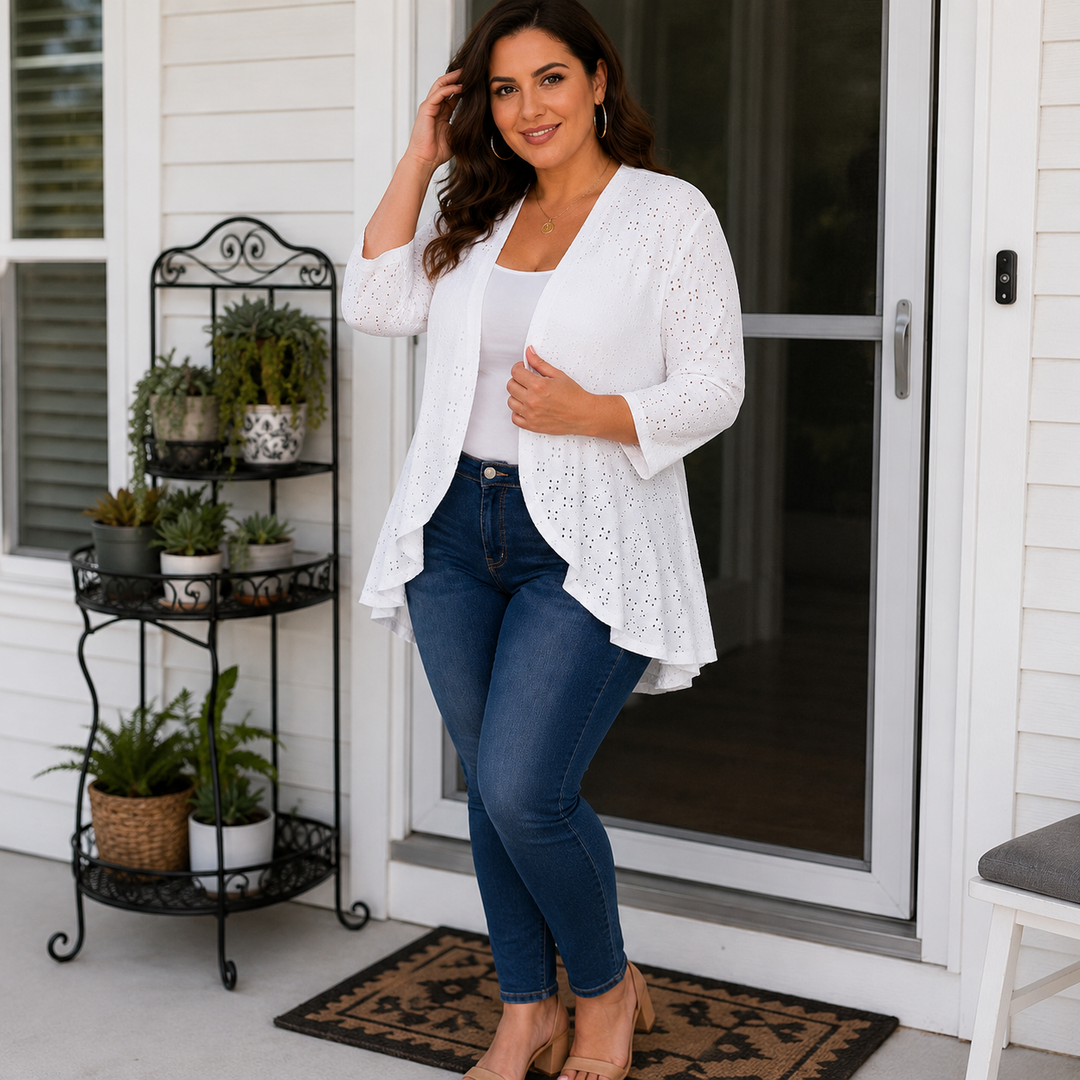 Veluna – Lightweight Eyelet Open-Front Cardigan for Women, 3/4 Sleeve Ruffle Hem Summer Layer