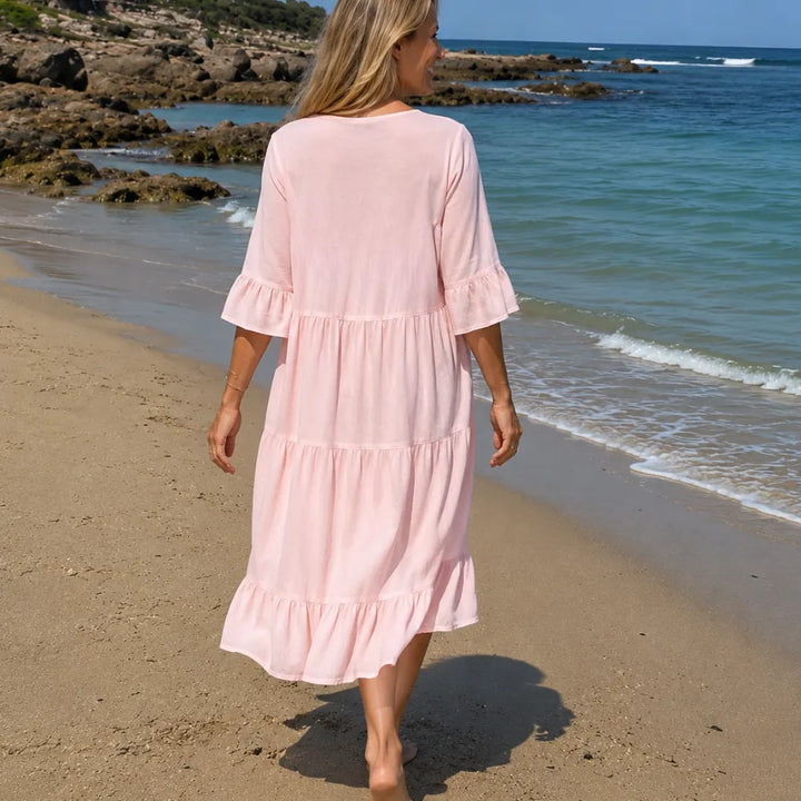 Soleia – Flowy Tiered V-Neck Midi Dress with Tassel Tie, Soft Feel, Half Sleeve