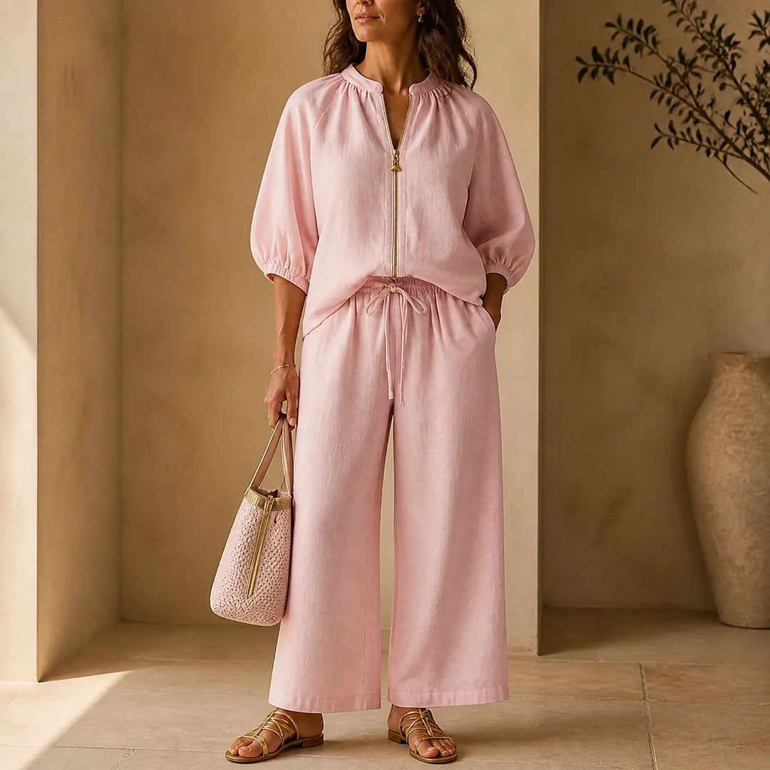 Lunavia – Puff Sleeve Wide Leg Matching Set with Drawstring Waist