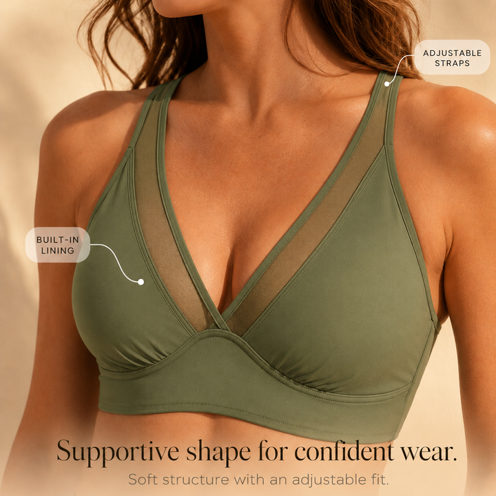 Solivia™ – High Waist 3-Piece Swim Set with Mesh V-Top, Ruched Skirt &amp; Sheer Overlay