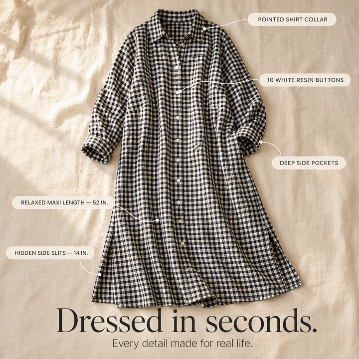 Harlowe™ – Gingham Button-Front Maxi Shirt Dress with Side Slits