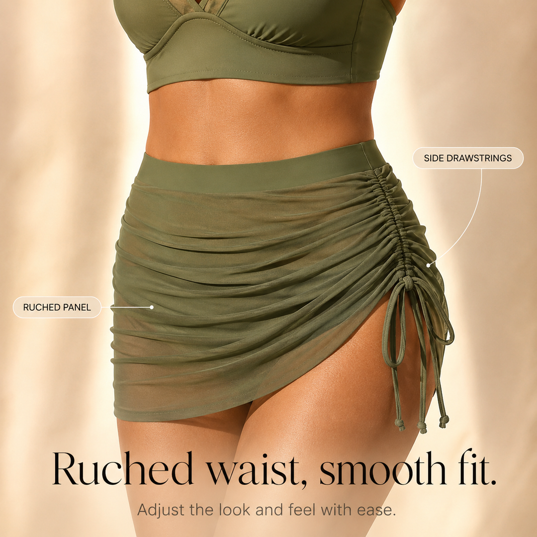 Solivia™ – High Waist 3-Piece Swim Set with Mesh V-Top, Ruched Skirt &amp; Sheer Overlay
