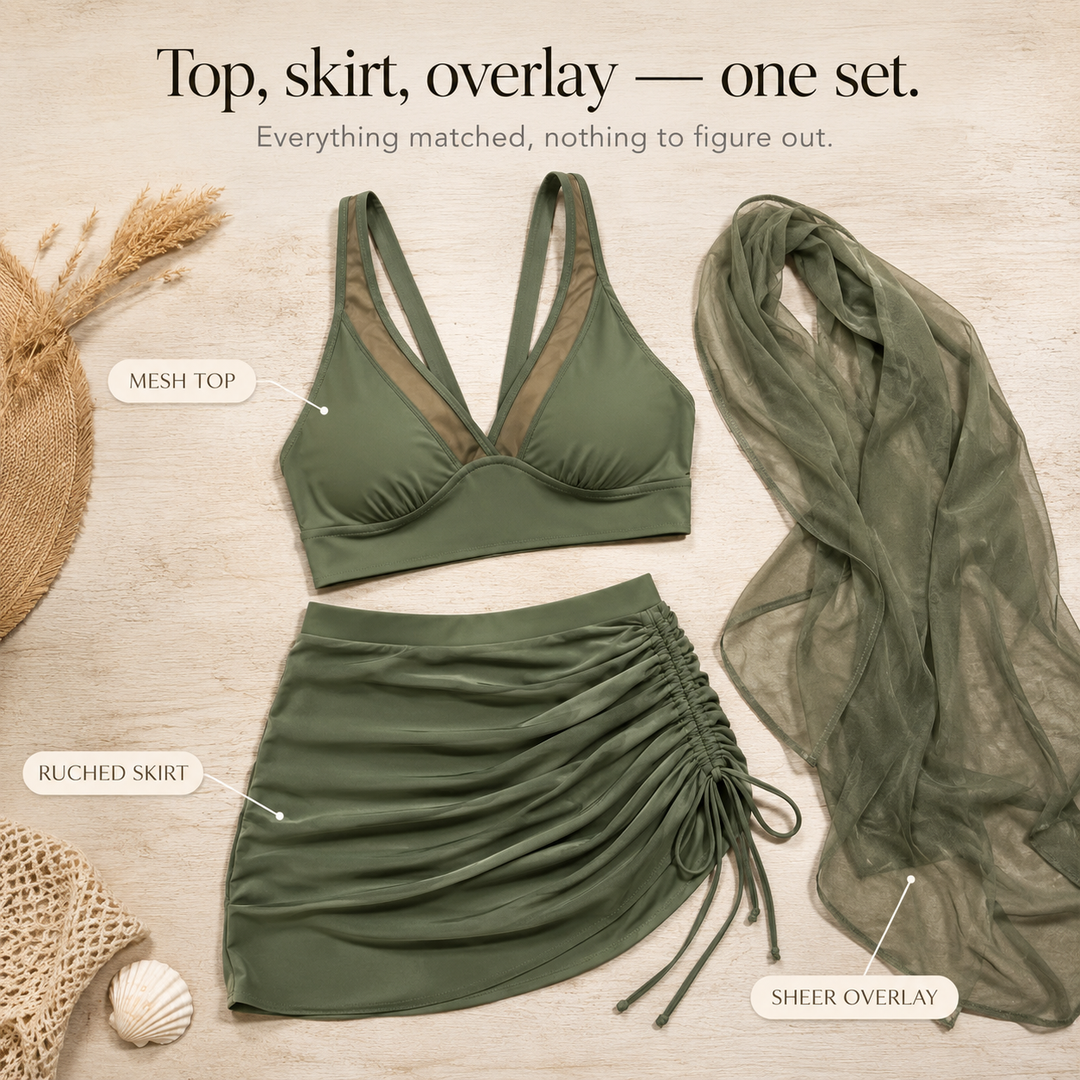 Solivia™ – High Waist 3-Piece Swim Set with Mesh V-Top, Ruched Skirt &amp; Sheer Overlay