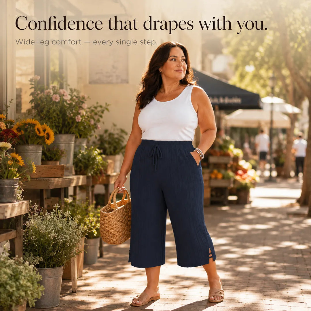 Velora – Ribbed Wide-Leg Capri Pants with Drawstring Waist &amp; Side Slit, Plus Size 1XL–5XL