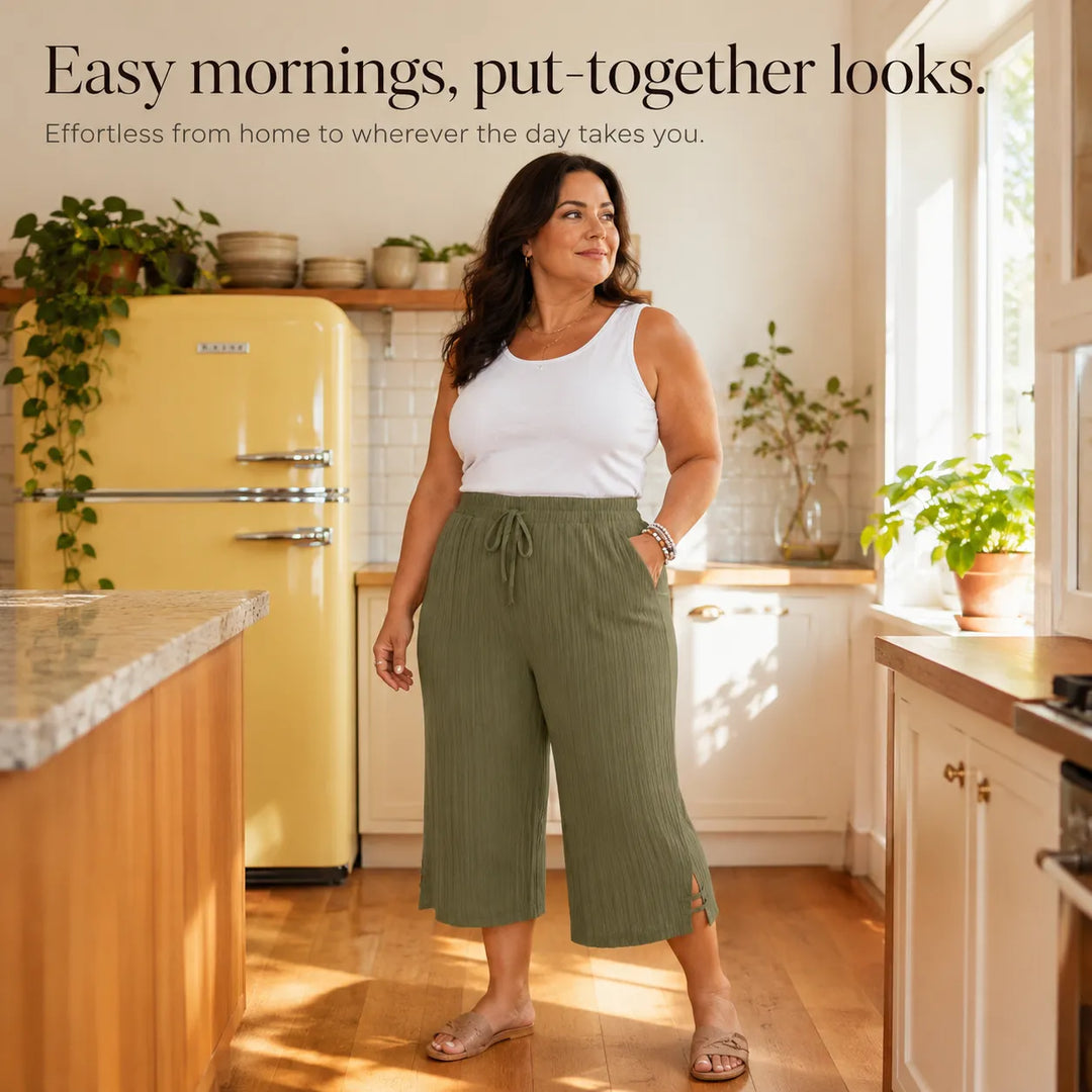 Velora – Ribbed Wide-Leg Capri Pants with Drawstring Waist &amp; Side Slit, Plus Size 1XL–5XL