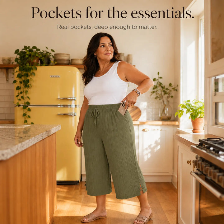 Velora – Ribbed Wide-Leg Capri Pants with Drawstring Waist &amp; Side Slit, Plus Size 1XL–5XL