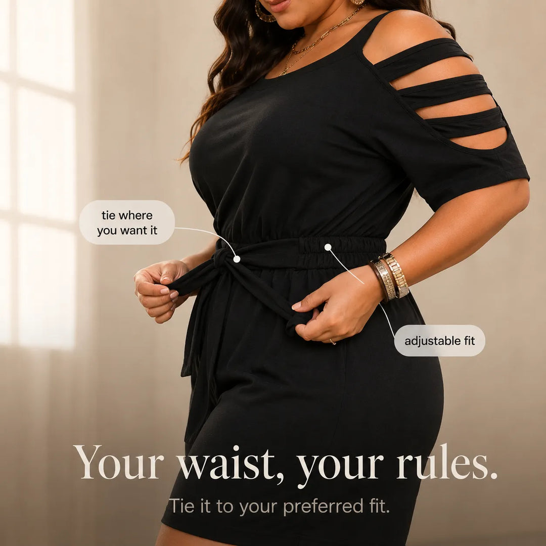 Curvella – Cold-Shoulder Belted Romper with Tie Waist &amp; Pockets