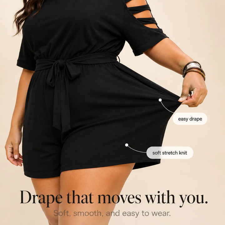 Curvella – Cold-Shoulder Belted Romper with Tie Waist &amp; Pockets
