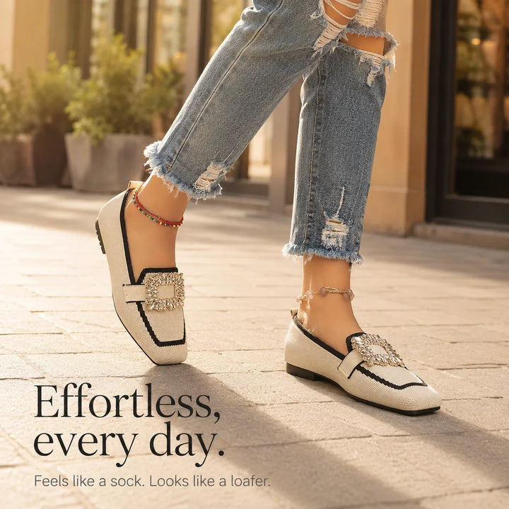Vellora – Crystal Buckle Knit Loafers, Square Toe Slip-On Flats for Women