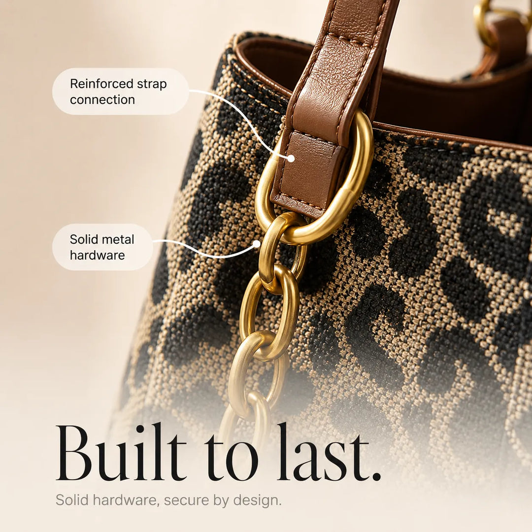 Florella – Woven Leopard Print Tote Bag with Leather Trim and Gold Chain